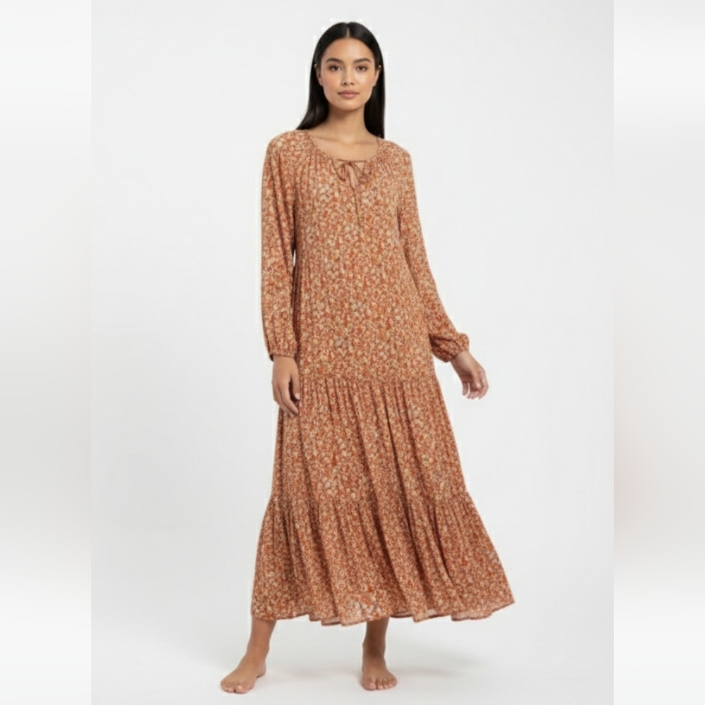 Sonoma Orange Peasant Dress Ditsy Floral Maxi Boho Tiered Cottage Prairie L
